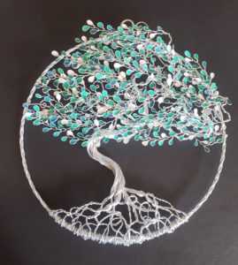 Arbre de vie Relief 30cm – Feuilles turquoises – Argenté