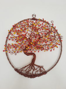 Arbre de vie Relief 30cm – Feuilles « Automne » – Cuivré – Fleurs blanches