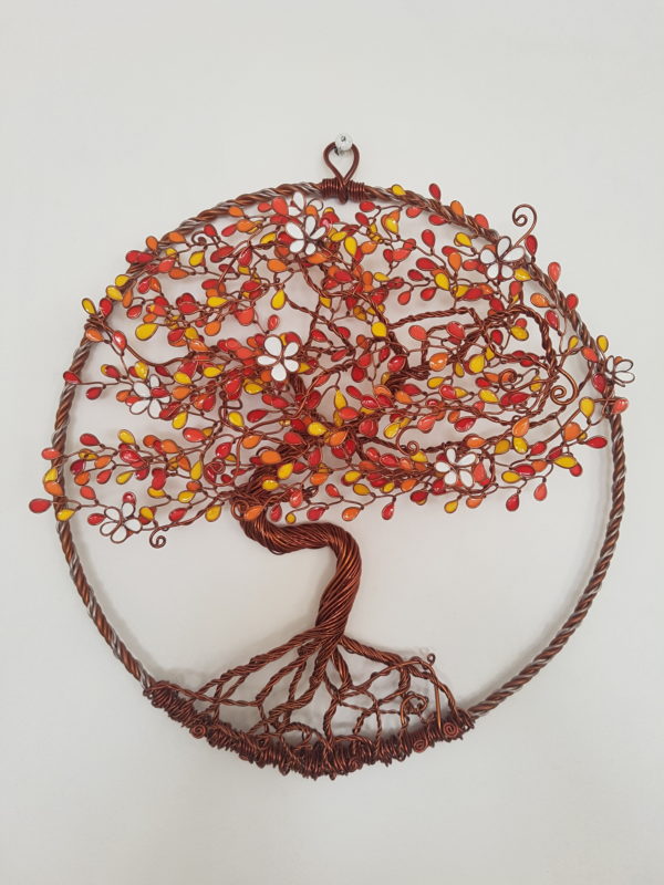 Arbre de vie Relief 30cm – Feuilles « Automne » – Cuivré – Fleurs blanches