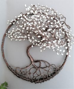 Arbre de vie Relief 30cm – Feuilles blanches – Marron clair