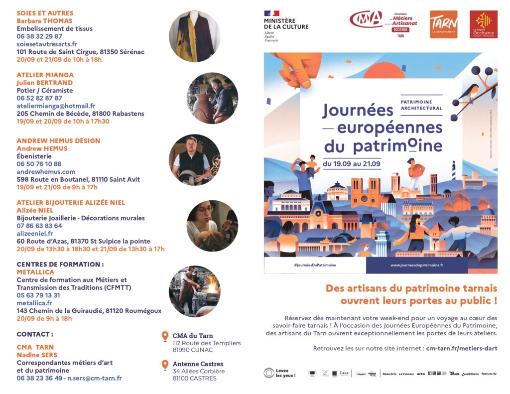Programme journées du patrimoine tarn artisanat visite d'atelier Alizée NIEL